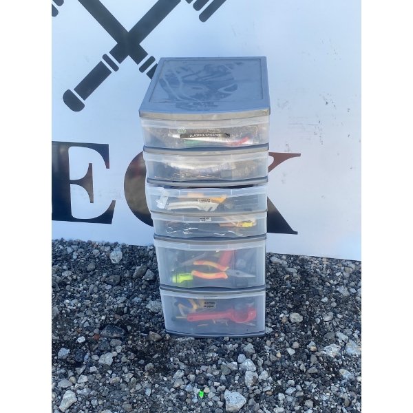 Plastic Storage Drawers with Mixed Tools, Clamps, and Art Supplies