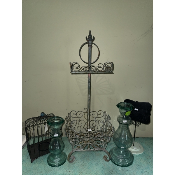 Lot: Iron Scrollwork Stand, Glass Candle Holders, Decorative Birdcage, Chalkboard Sign