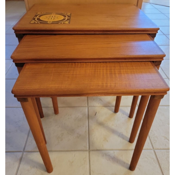 Mid Century Teak Nesting Tables (3) w/ Decorative Bohemian Tile Accent 