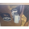 Image 2 : "Monty's Feet" Artist Maclock 26.5 x 38, Needs to be Reattached to Frame, Paint on Ashtray Peeling 