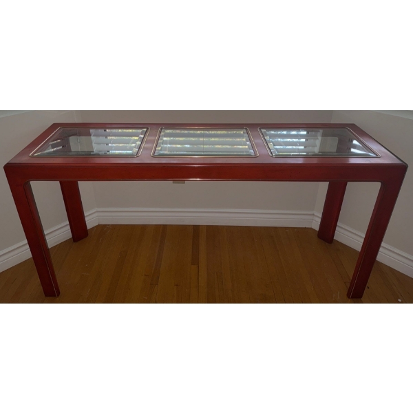 20th Century Orange Lacquered Brass Accented Console Table 54x16x29