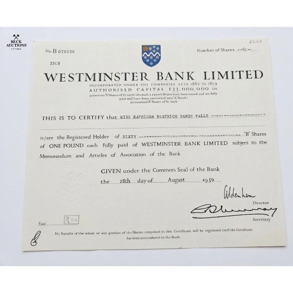 Vintage Stock Certificate From The Westminster Bank Limited 1959. 
