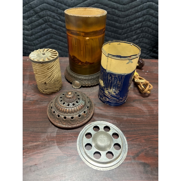 Art Deco Amber Glass Lamp with Decorative Metal Base and Additional Inserts