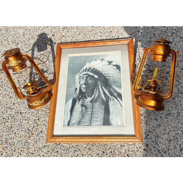 Grey Scale Indigenous Art 17T w/ 2 Antique Lanterns