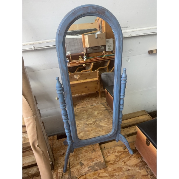Blue Painted Wooden Cheval Mirror with Turned Posts