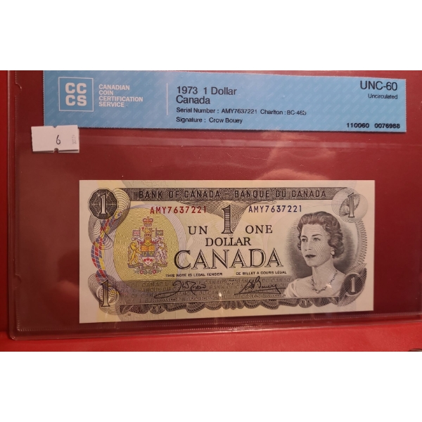 Certified Bank of Canada 1973- $1 Bill AMY7637221- BC-46b/ UNC 60 Uncirculated