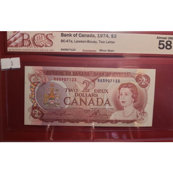 Certified Bank of Canada 1974- $2 Bill RA5907123- BC-47a/ Almost UNC 58