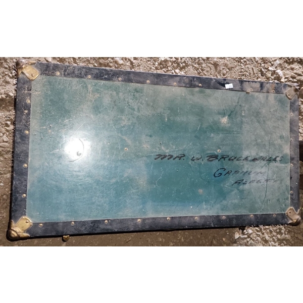 Vintage Steamer Trunk 30 W, 16 D, 24 T and Wooden "Emergency Exit Only" Sign