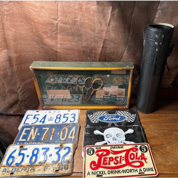 Collectible Framed Tennis Hangable(21L) w/ Assorted Collectible Plates & Black Round Case 