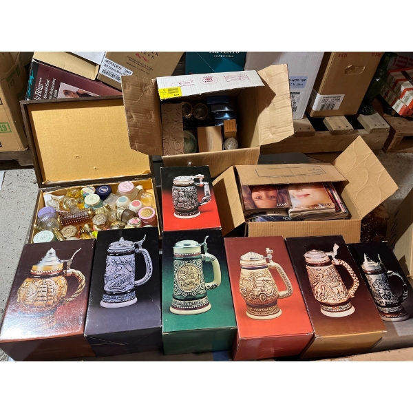 -AVON collection of Steins several small perfume bottles, large box of unopened, perfumes and soaps 