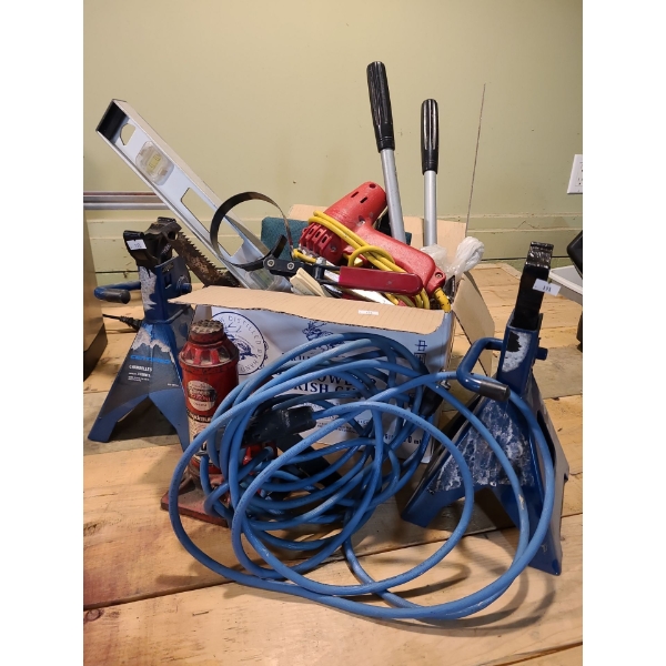 Assorted Garage Items (Jack, Bolt Cutters, and Box of Miscellaneous Items)
