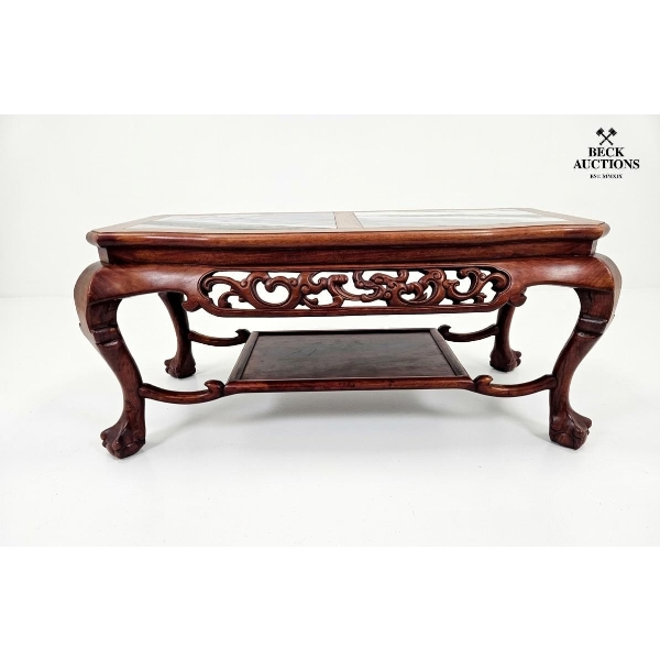 Chinese Carved Hardwood And Marble-Inset Coffee Table Early 20th Century 18''D, 38''W, 18''H INCHES.