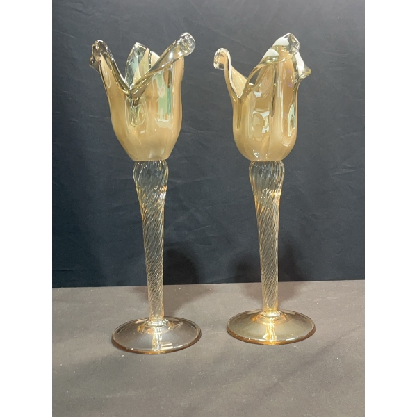 Murano White Cristal Hand-Blown Glass Vases, 13 in.
