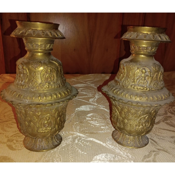 Very Heavy Bronze Indian Pair Of Ruffled Embossed Pedestal Vases 15"tall
