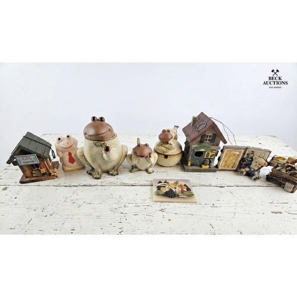 Whimsical Tea Vintage Frog-Themed Collectibles, Ceramic Jars, Trinket Boxes, And Decorative Houses. 