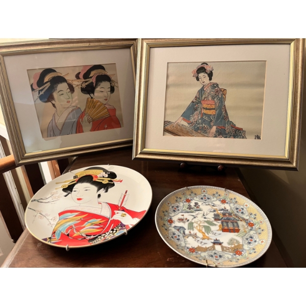  Two beautiful cross stitched Asian themed silk pictures with collectors plate