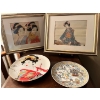 Image 1 :  Two beautiful cross stitched Asian themed silk pictures with collectors plate