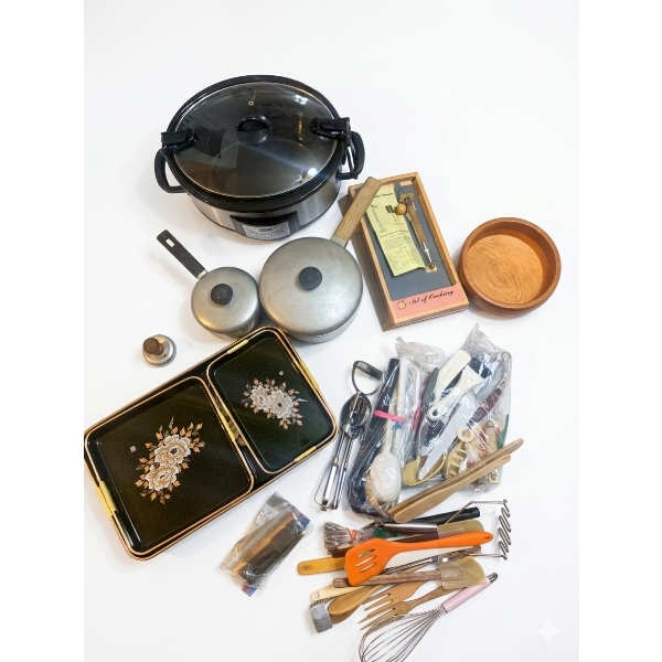 Comprehensive Kitchenware Set with Crock-Pot, Pots,Vintage Utensils, and More