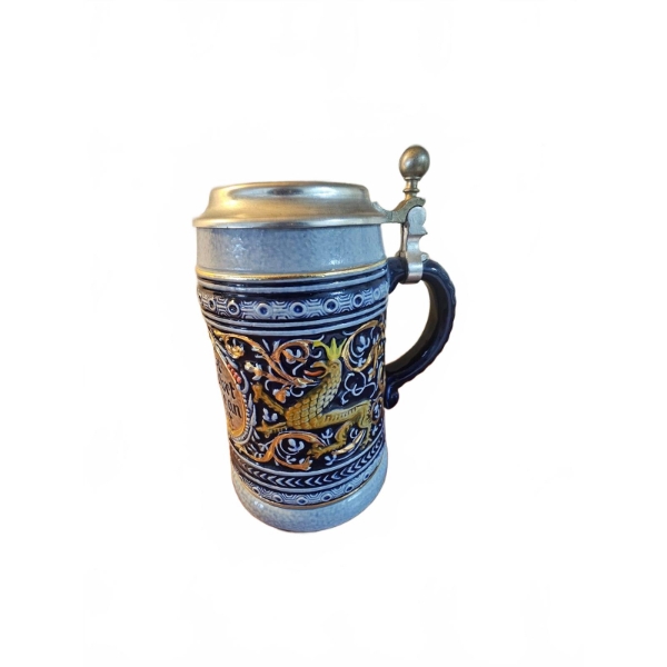 German Stoneware Beer Stein with Pewter Lid 6.5" H