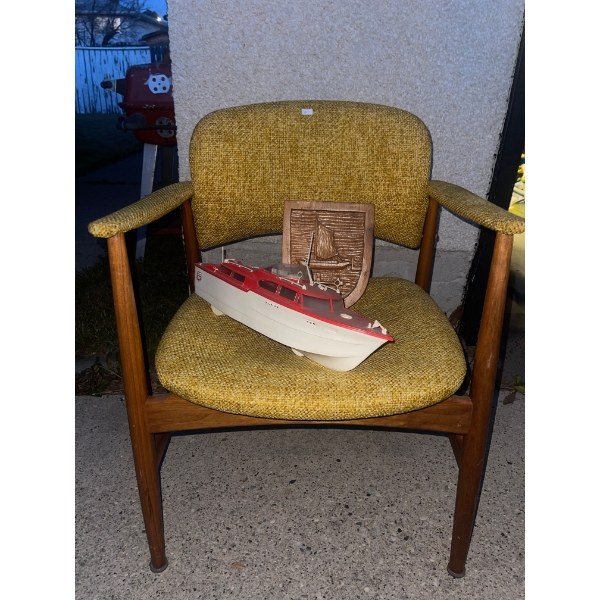 Mid Century Teak Accent Chair w/ Mustard Yellow Upholstery & Nautical Decor