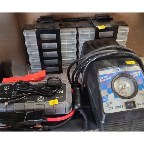 Noco Boost Model GB 70, Pit Stop Air Compressor Model 09-5024-6, Small Parts Case