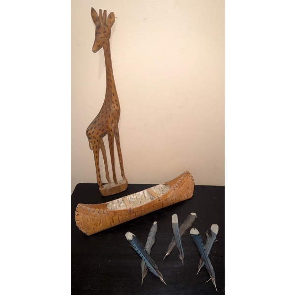 Handmade Birchbark Canoe 11"Long  Carved Giraffe & Feather Collection