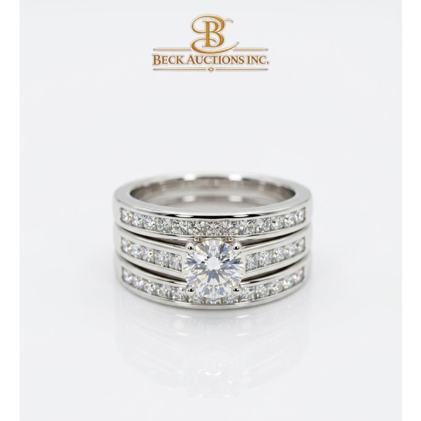 19K Diamond White Gold ( 3-Piece) Engagement Ring Set  Round-Cut Solitaire Center Stone 11.83G