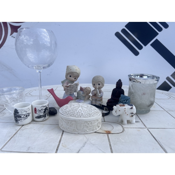 Decorative Lot: Precious Moments, Glassware, Figurines, Trinkets