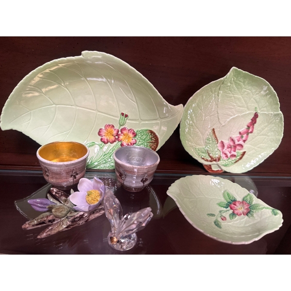 Vintage Carltonware Ceramic Serving Plates w/ Crystal Butterfly & Glass Bouquet 