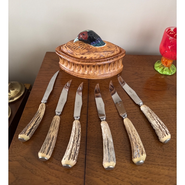 Six Stag Horn Handle Knives and Ceramic Covered Dish