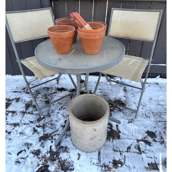 Outdoor Bistro Set with Planters and Stoneware Crock