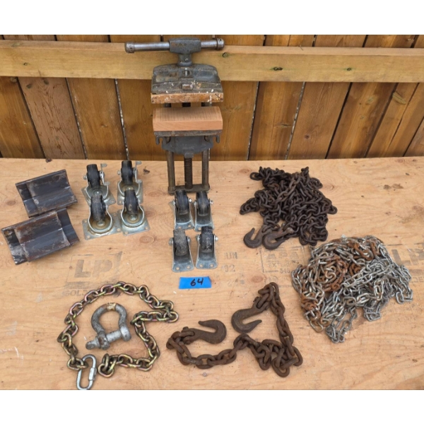Workshop Hardware Including Bench Vise, Chains, and Casters