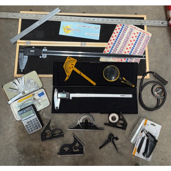 Measuring Tools-  Calipers, Rulers, Protractor, Magnifying Glass, Gauge Set