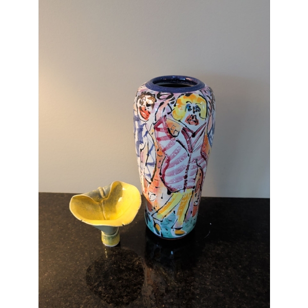 Glazed Ceramic Sculptured Vase- Large Untitled Amphora By Artist Viola Frey w/Small Yellow Piece 