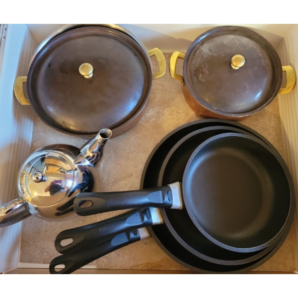 3 Piece Scanpan Classic 3 Frying Pans w/ Large Copper Cookers & Chrome Tea Pot