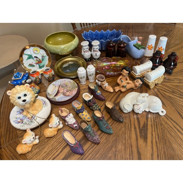 Carnival glass, serving dish, several sets of vintage and retro salt and pepper shakers, and a small