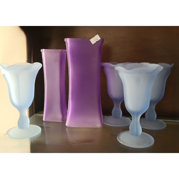 Frosted Purple Glass Vases (Tallest: 8.5 T) and 4 Blue Dessert Parfait Glasses 6 T