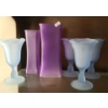 Image 1 : Frosted Purple Glass Vases (Tallest: 8.5 T) and 4 Blue Dessert Parfait Glasses 6 T