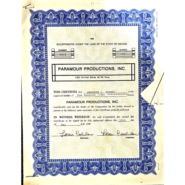 Vintage Stock Certificate (1990, Paramour Productions, Inc.) #3