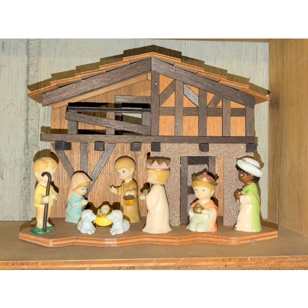 Vintage Musical Nativity Scene w/ Children's Figures & A Wooden Manger 13" Long 