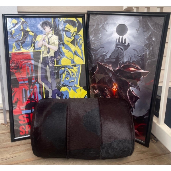Manga Anime Framed Art Poster w/ Dark Dramatic Print & Barrel Style Genuine Fur Pillow