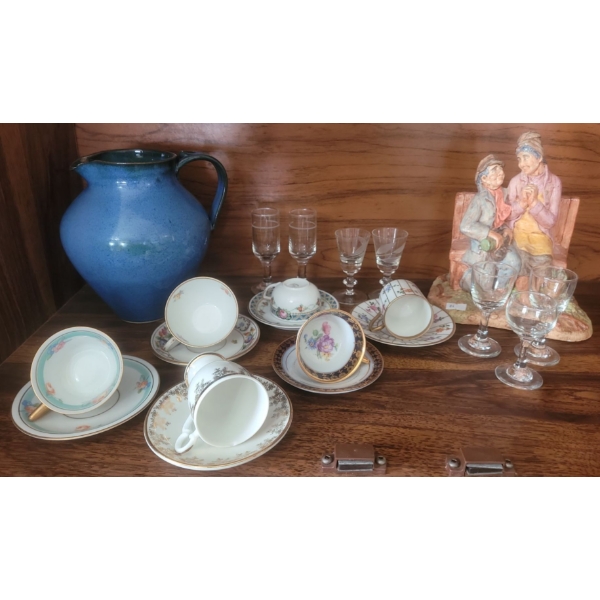 Handmade Pottery, 6 Mini Teacups + Saucers, Mini Glasses 