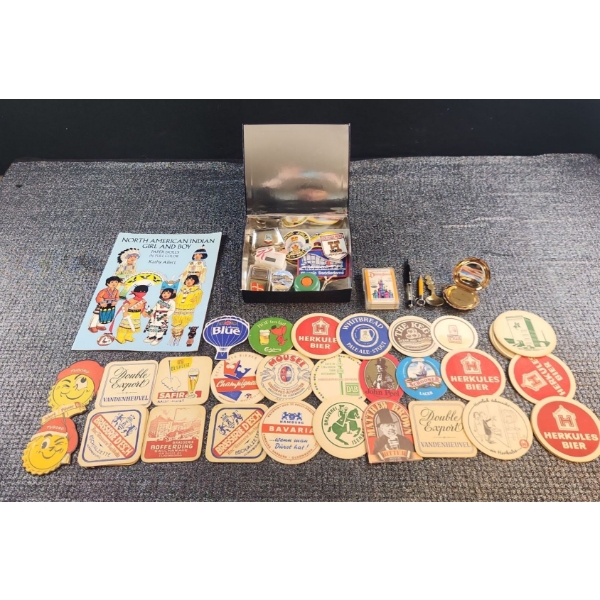 Beer Coaster Collection,1964 Disney Card Game. Paper Doll Book and Assorted Trinkets and Treasures
