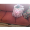Image 4 : Vintage Couch w/ Wood Trim 81 W, 31 D, 30 T, Cushions and Blankets Shown Included