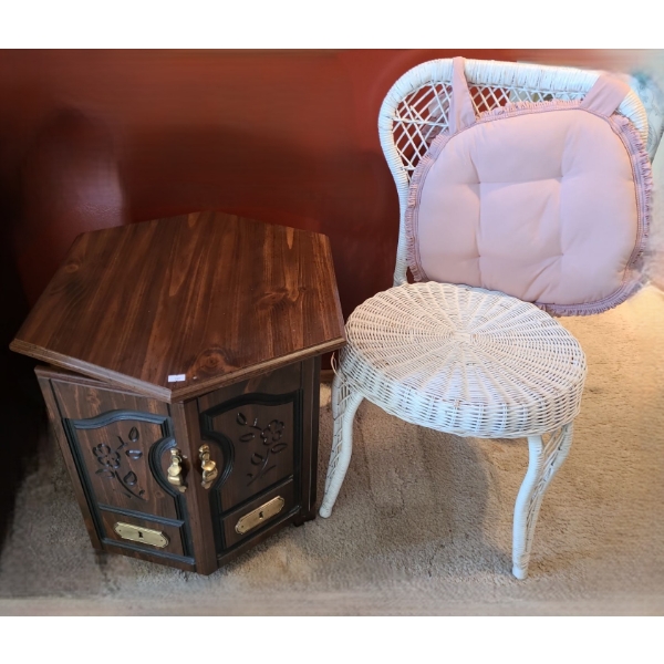 Side Table w/ Storage 19 W, 24 D, 19 T and Two White Wicker Chairs w/ Pink Cushions 18 W, 16 D, 32 T