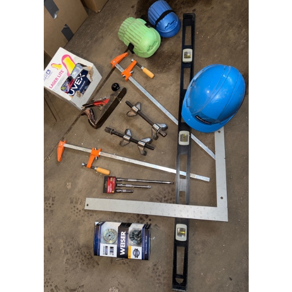 Garage Goodies - Drywall Square 4" Level Assorted Clamps WEISER Deadbolt New PPE & More 