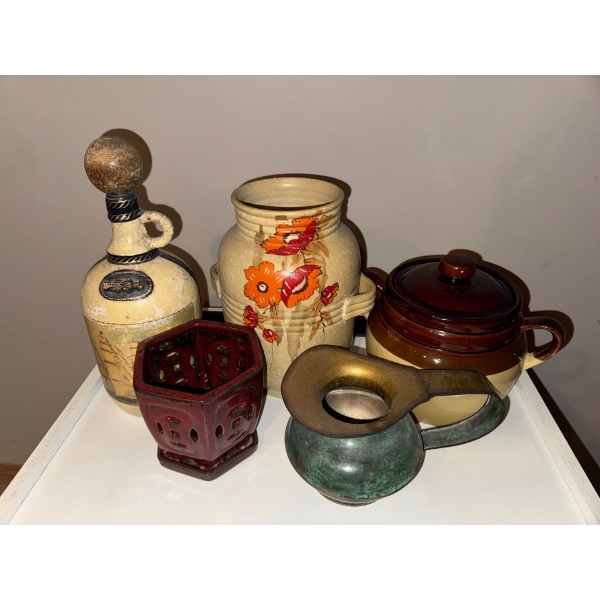 Assortment of Pottery Jugs Decantor Bean Pot and More