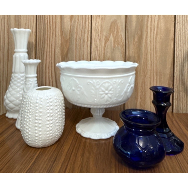 Vintage Milk Glass Pedestal Compote Bowl w/ Vases, and Cobalt Blue Decorative Glassware Pieces 