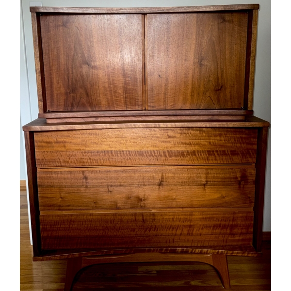 Mid-Century Modern Solid Wood Chest of Drawers with Upper Cabinet