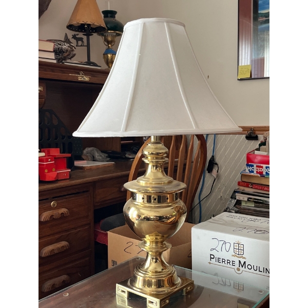  pair of matching brass lamps with nice white shades . 